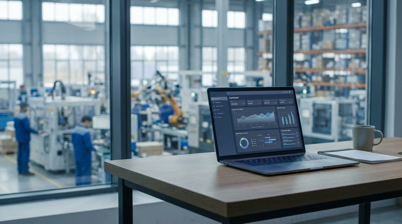 Business analytics dashboard displaying supply chain performance metrics, cost savings, and delivery success rates